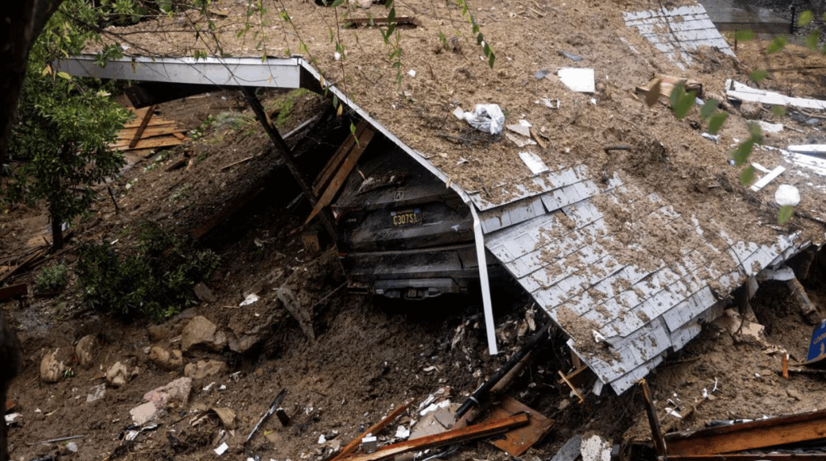 The remains of a home destroyed by a mudslide caused by the ongoing rain storm in Los Angeles, California, U.S., February 5, 2024. REUTERS/Aude Guerrucci
